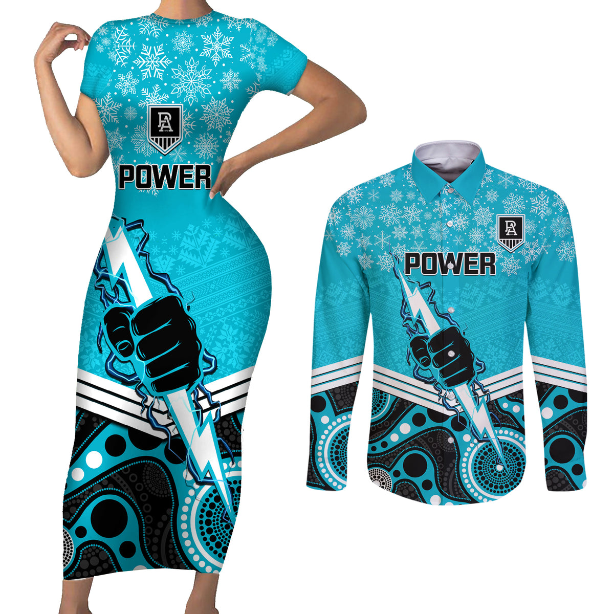 custom-port-adelaide-football-christmas-couples-matching-short-sleeve-bodycon-dress-and-long-sleeve-button-shirt-merry-xmas-2023-mix-aboriginal-art
