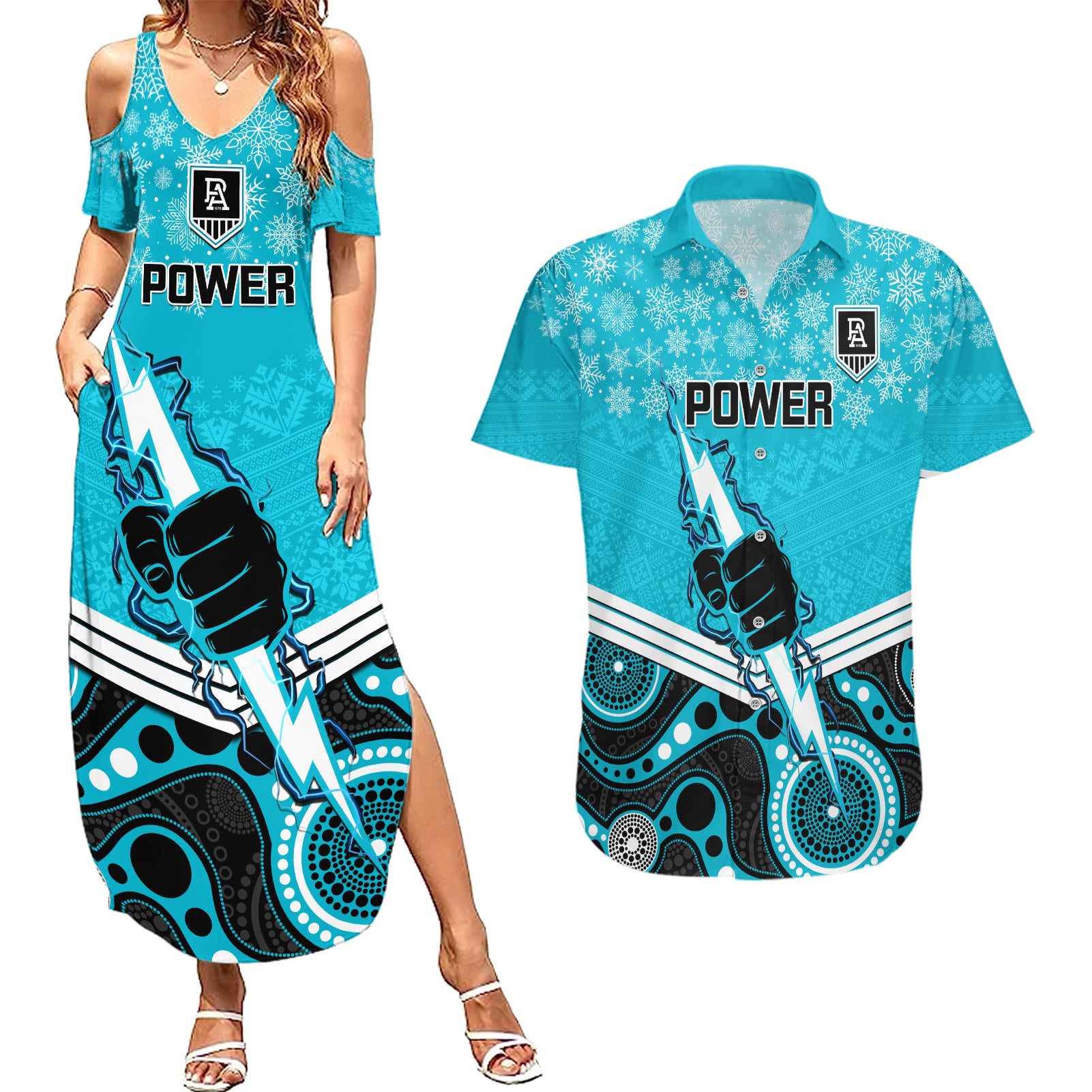 custom-port-adelaide-football-christmas-couples-matching-summer-maxi-dress-and-hawaiian-shirt-merry-xmas-2023-mix-aboriginal-art