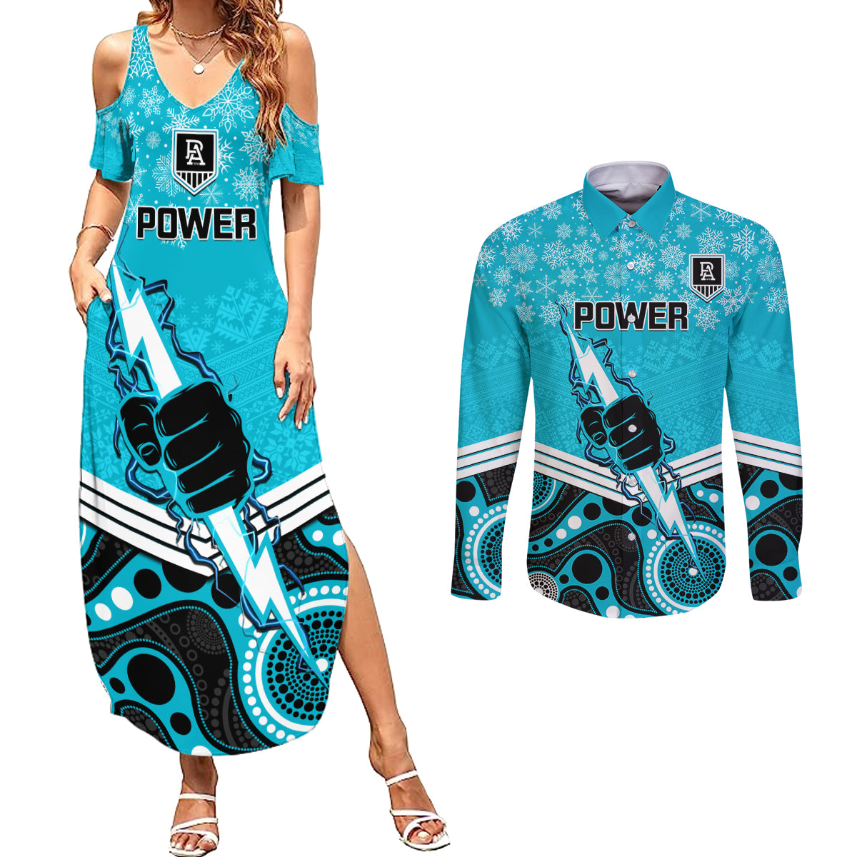 custom-port-adelaide-football-christmas-couples-matching-summer-maxi-dress-and-long-sleeve-button-shirt-merry-xmas-2023-mix-aboriginal-art