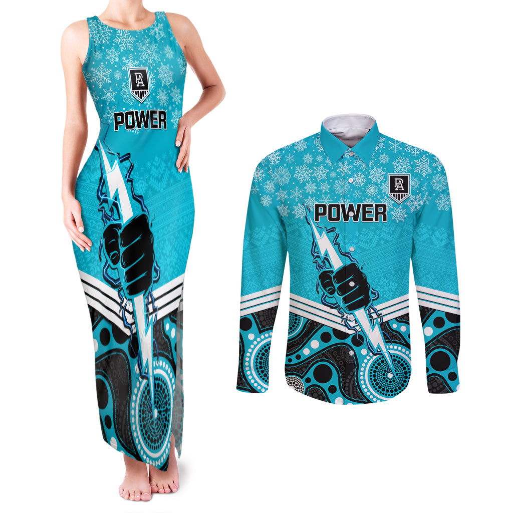 custom-port-adelaide-football-christmas-couples-matching-tank-maxi-dress-and-long-sleeve-button-shirt-merry-xmas-2023-mix-aboriginal-art