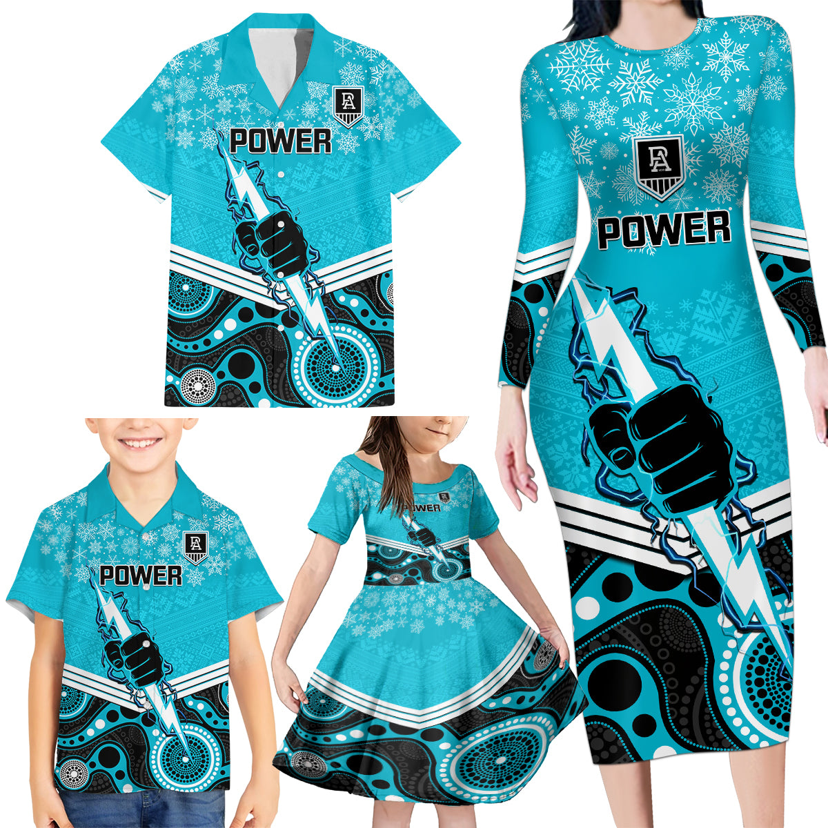 custom-port-adelaide-football-christmas-family-matching-long-sleeve-bodycon-dress-and-hawaiian-shirt-merry-xmas-2023-mix-aboriginal-art