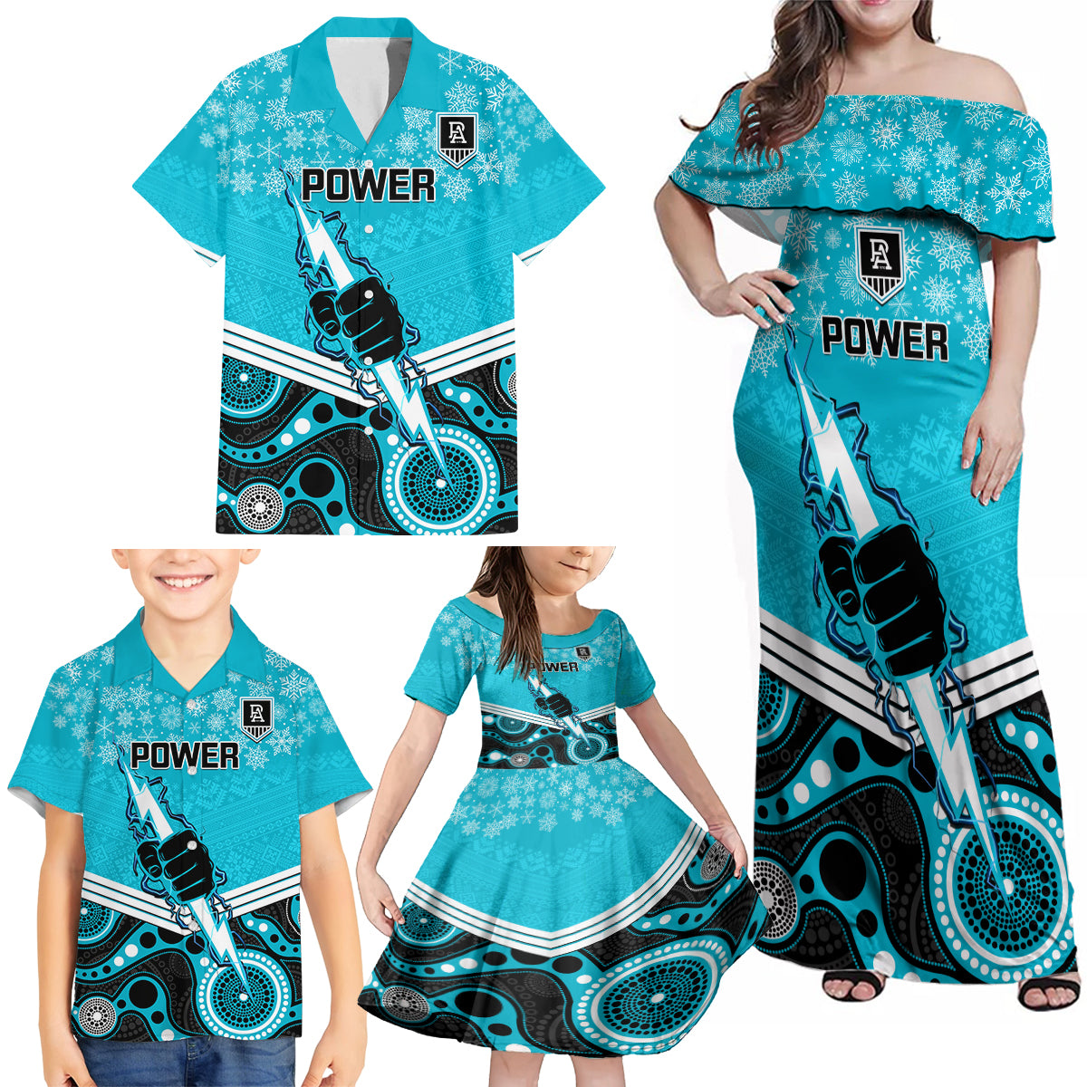 custom-port-adelaide-football-christmas-family-matching-off-shoulder-maxi-dress-and-hawaiian-shirt-merry-xmas-2023-mix-aboriginal-art