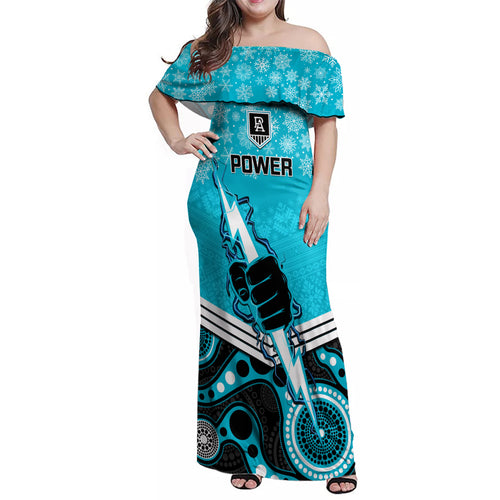 custom-port-adelaide-football-christmas-family-matching-off-shoulder-maxi-dress-and-hawaiian-shirt-merry-xmas-2023-mix-aboriginal-art