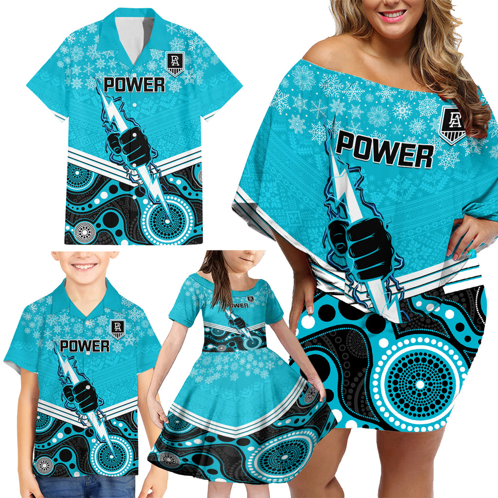 custom-port-adelaide-football-christmas-family-matching-off-shoulder-short-dress-and-hawaiian-shirt-merry-xmas-2023-mix-aboriginal-art