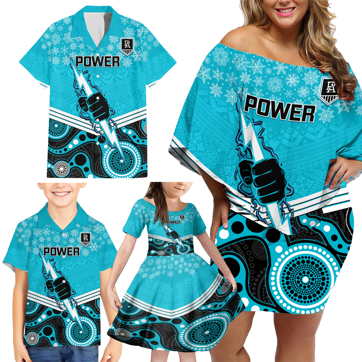 custom-port-adelaide-football-christmas-family-matching-off-shoulder-short-dress-and-hawaiian-shirt-merry-xmas-2023-mix-aboriginal-art