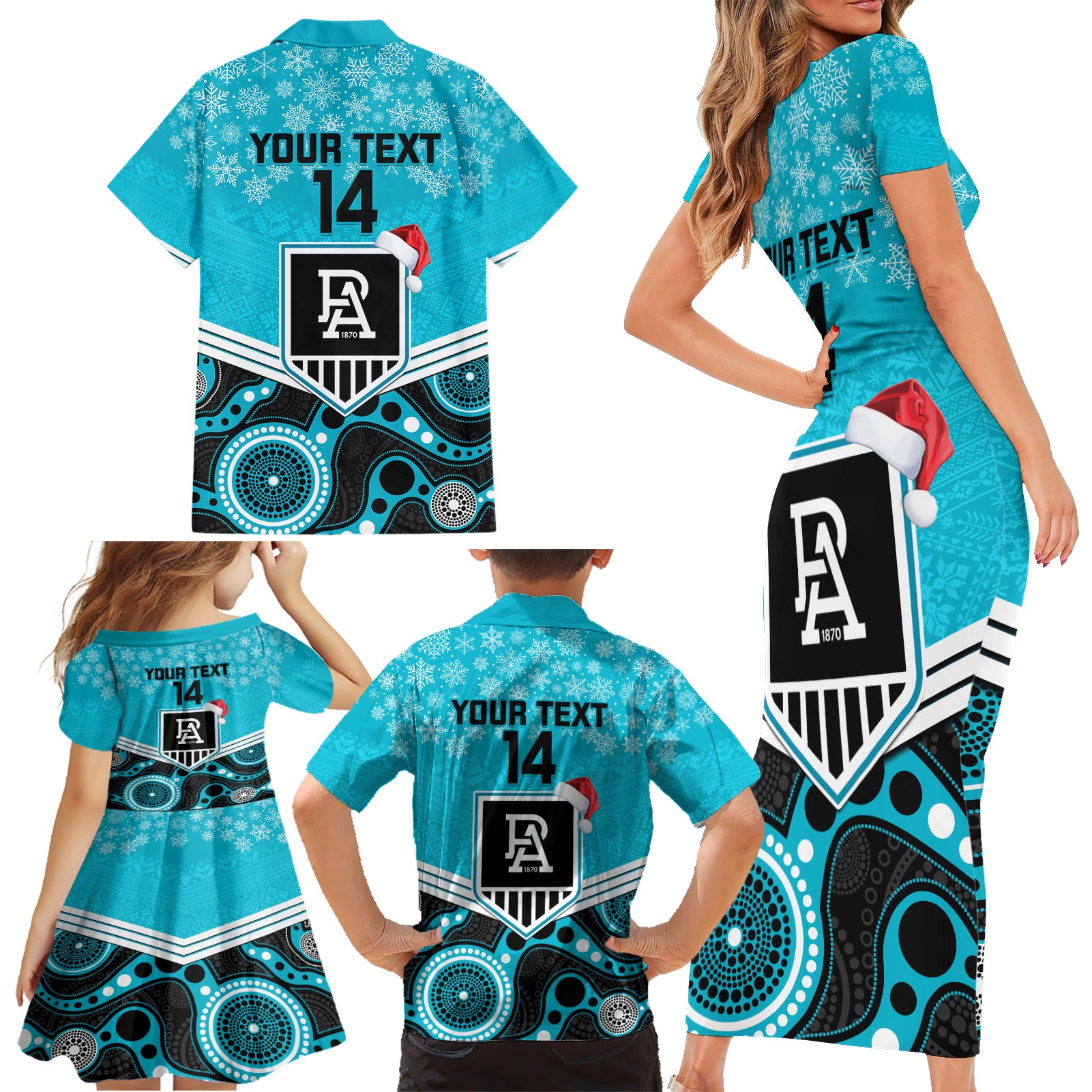 custom-port-adelaide-football-christmas-family-matching-short-sleeve-bodycon-dress-and-hawaiian-shirt-merry-xmas-2023-mix-aboriginal-art