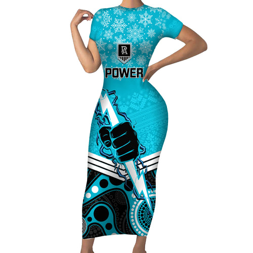 custom-port-adelaide-football-christmas-family-matching-short-sleeve-bodycon-dress-and-hawaiian-shirt-merry-xmas-2023-mix-aboriginal-art