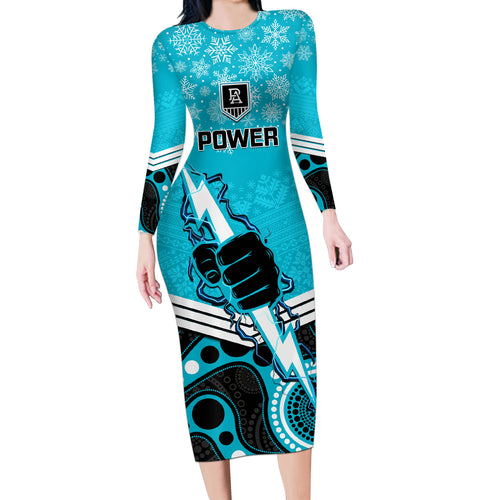 custom-port-adelaide-football-christmas-long-sleeve-bodycon-dress-merry-xmas-2023-mix-aboriginal-art