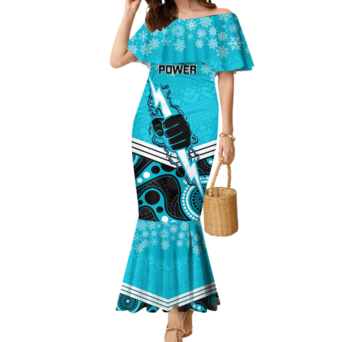 custom-port-adelaide-football-christmas-mermaid-dress-merry-xmas-2023-mix-aboriginal-art