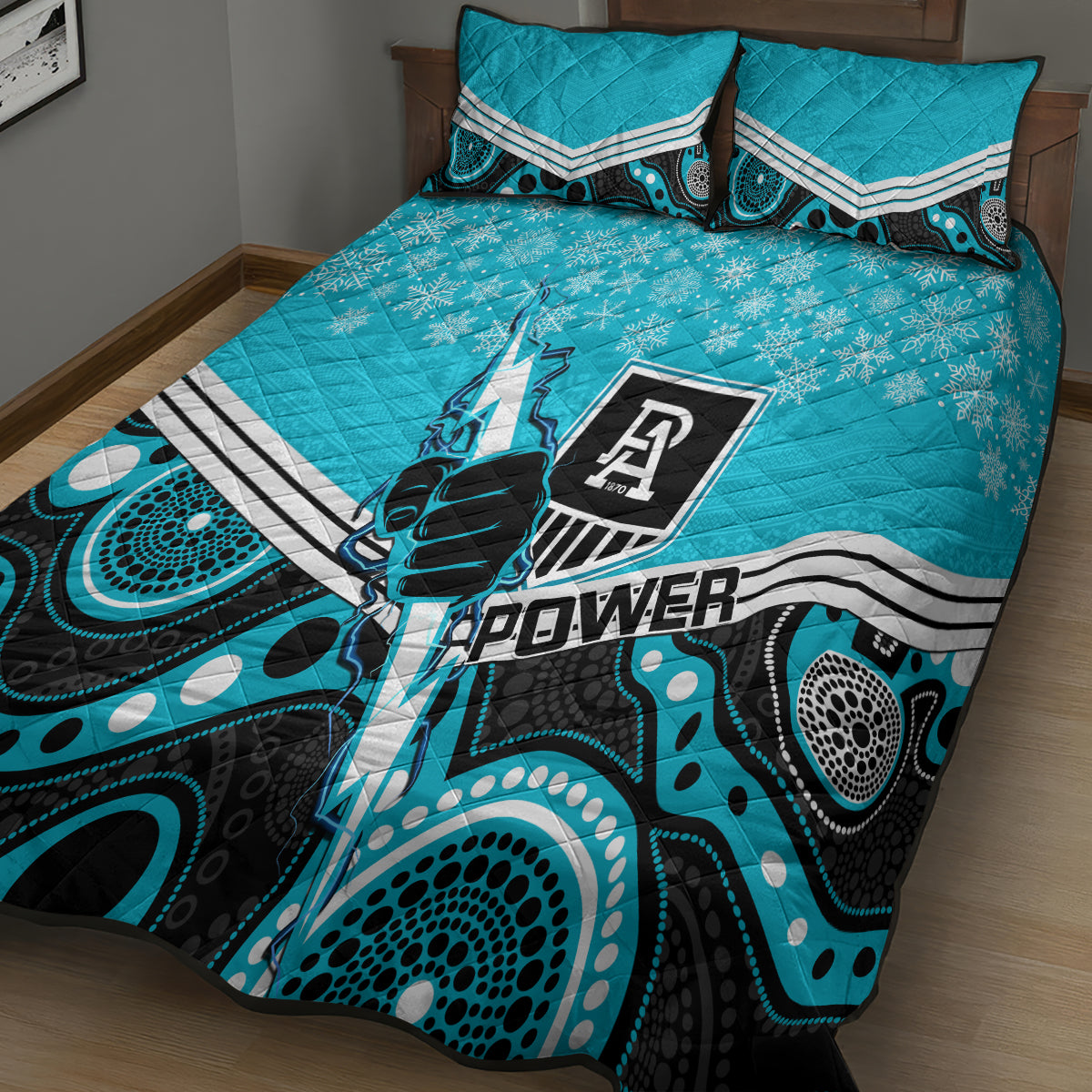 custom-port-adelaide-football-christmas-quilt-bed-set-merry-xmas-2023-mix-aboriginal-art
