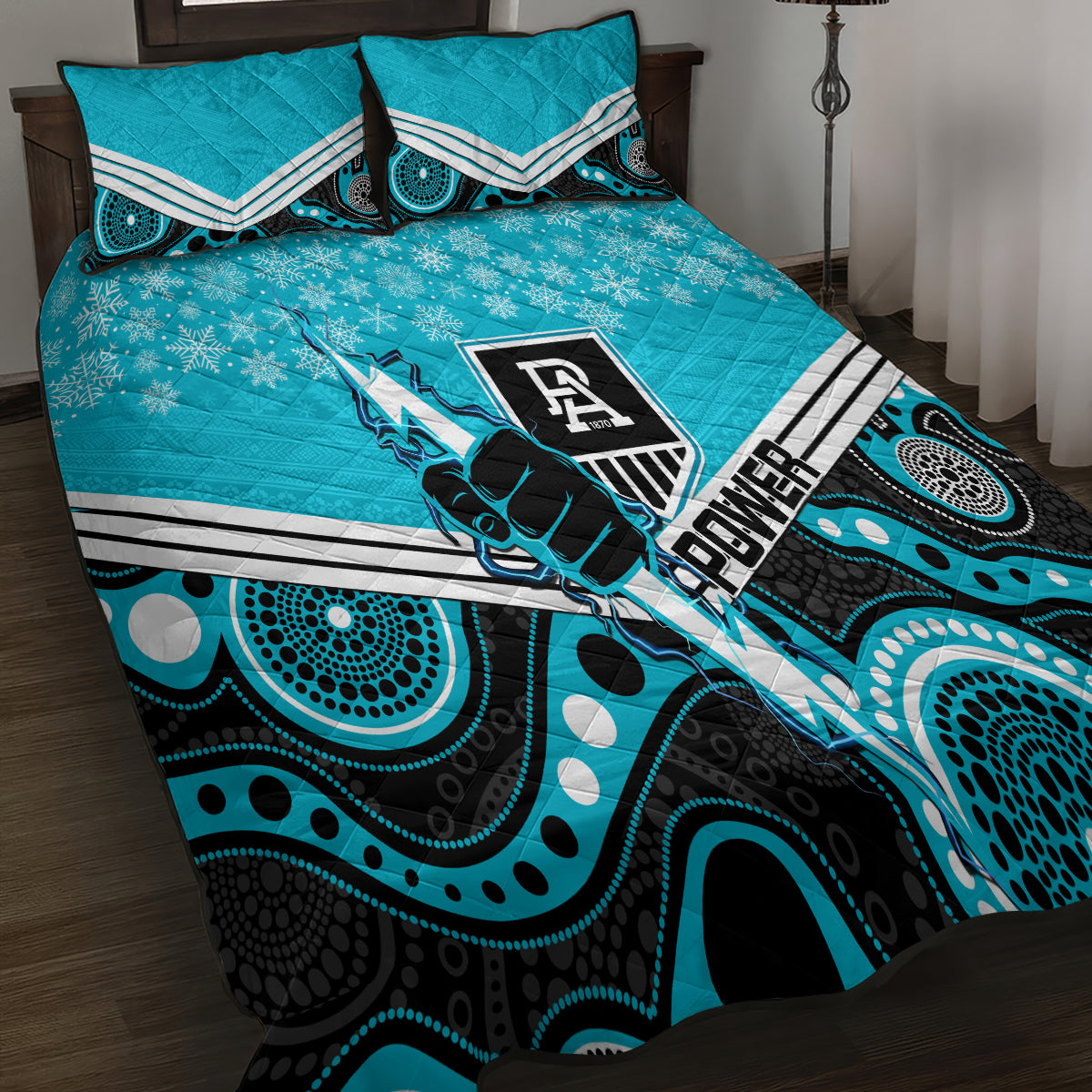 custom-port-adelaide-football-christmas-quilt-bed-set-merry-xmas-2023-mix-aboriginal-art
