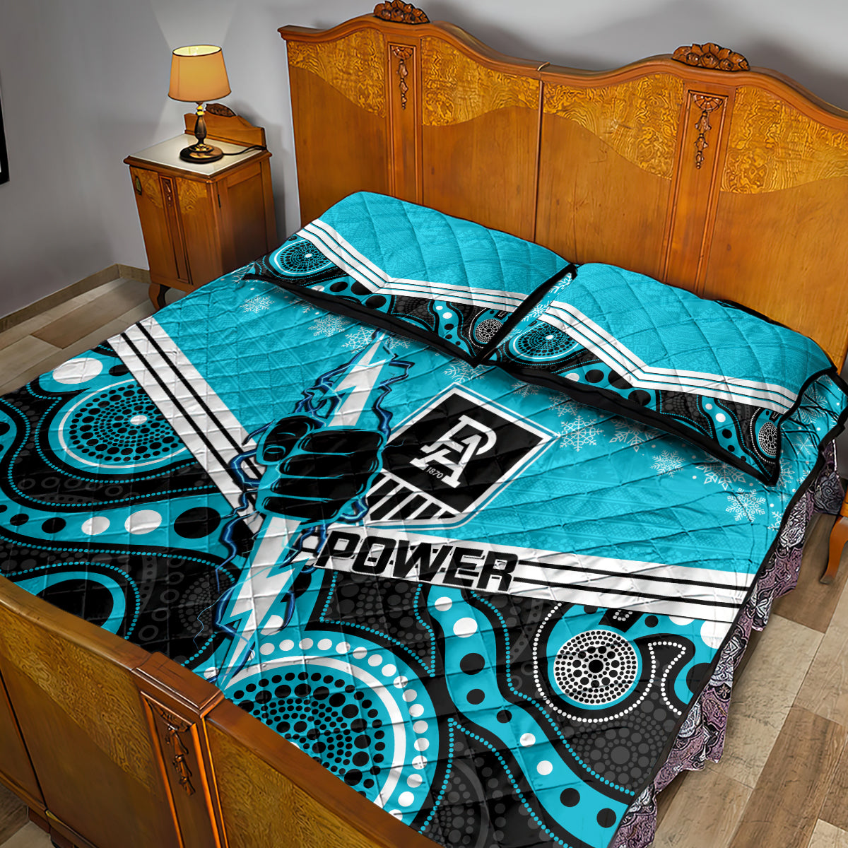 custom-port-adelaide-football-christmas-quilt-bed-set-merry-xmas-2023-mix-aboriginal-art