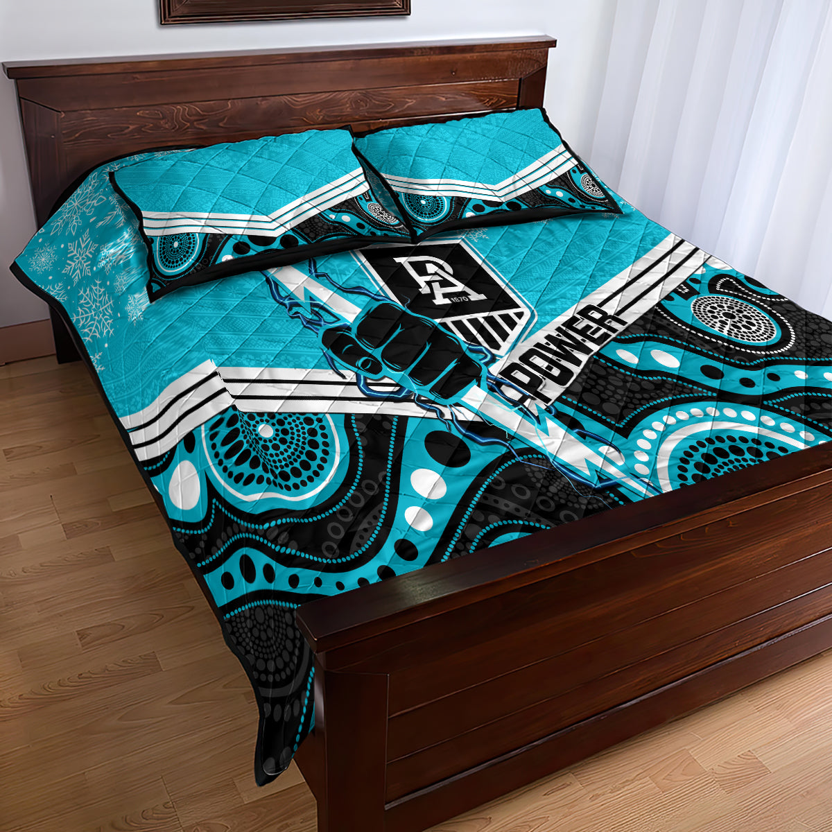 custom-port-adelaide-football-christmas-quilt-bed-set-merry-xmas-2023-mix-aboriginal-art