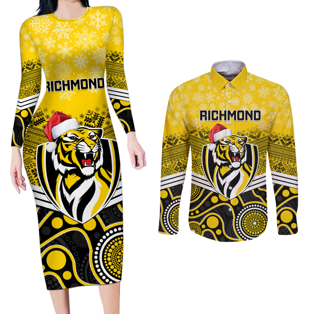custom-richmond-football-christmas-couples-matching-long-sleeve-bodycon-dress-and-long-sleeve-button-shirt-merry-xmas-2023-mix-aboriginal-art