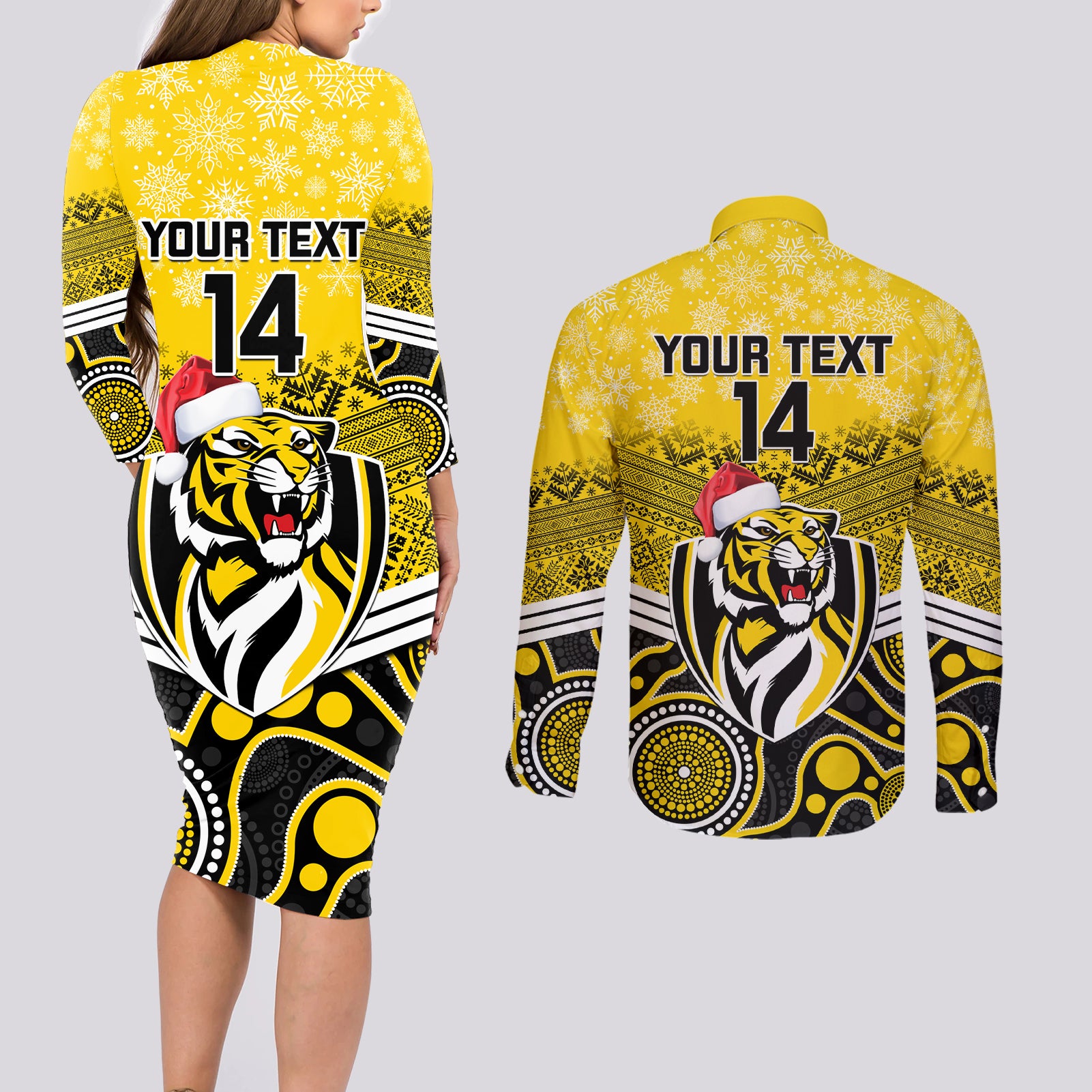 custom-richmond-football-christmas-couples-matching-long-sleeve-bodycon-dress-and-long-sleeve-button-shirt-merry-xmas-2023-mix-aboriginal-art