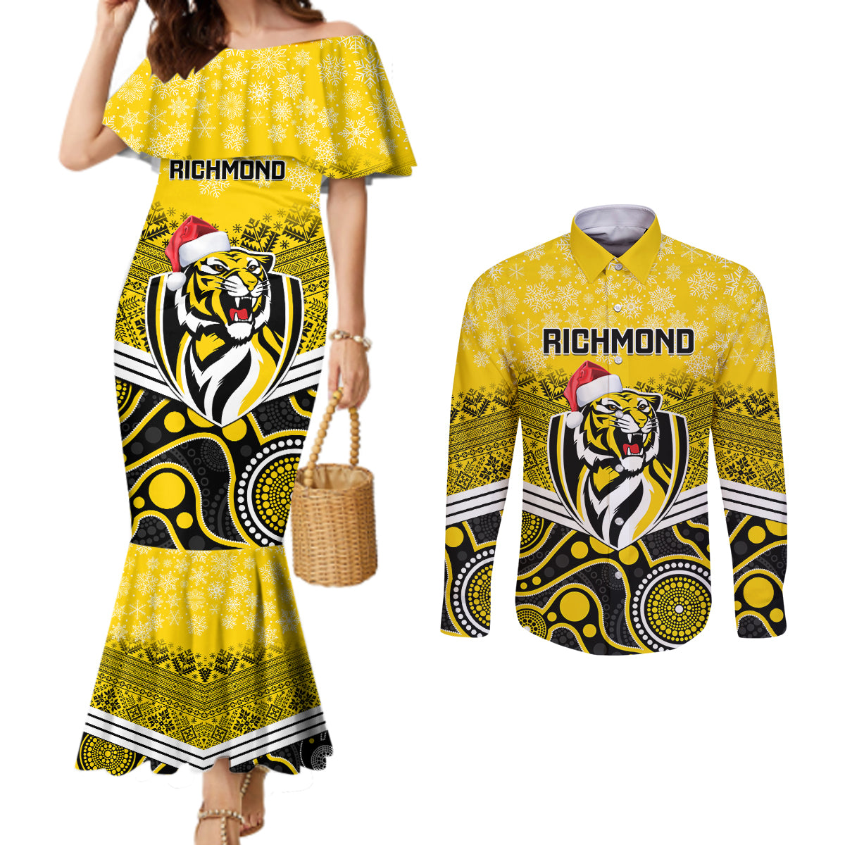 custom-richmond-football-christmas-couples-matching-mermaid-dress-and-long-sleeve-button-shirt-merry-xmas-2023-mix-aboriginal-art