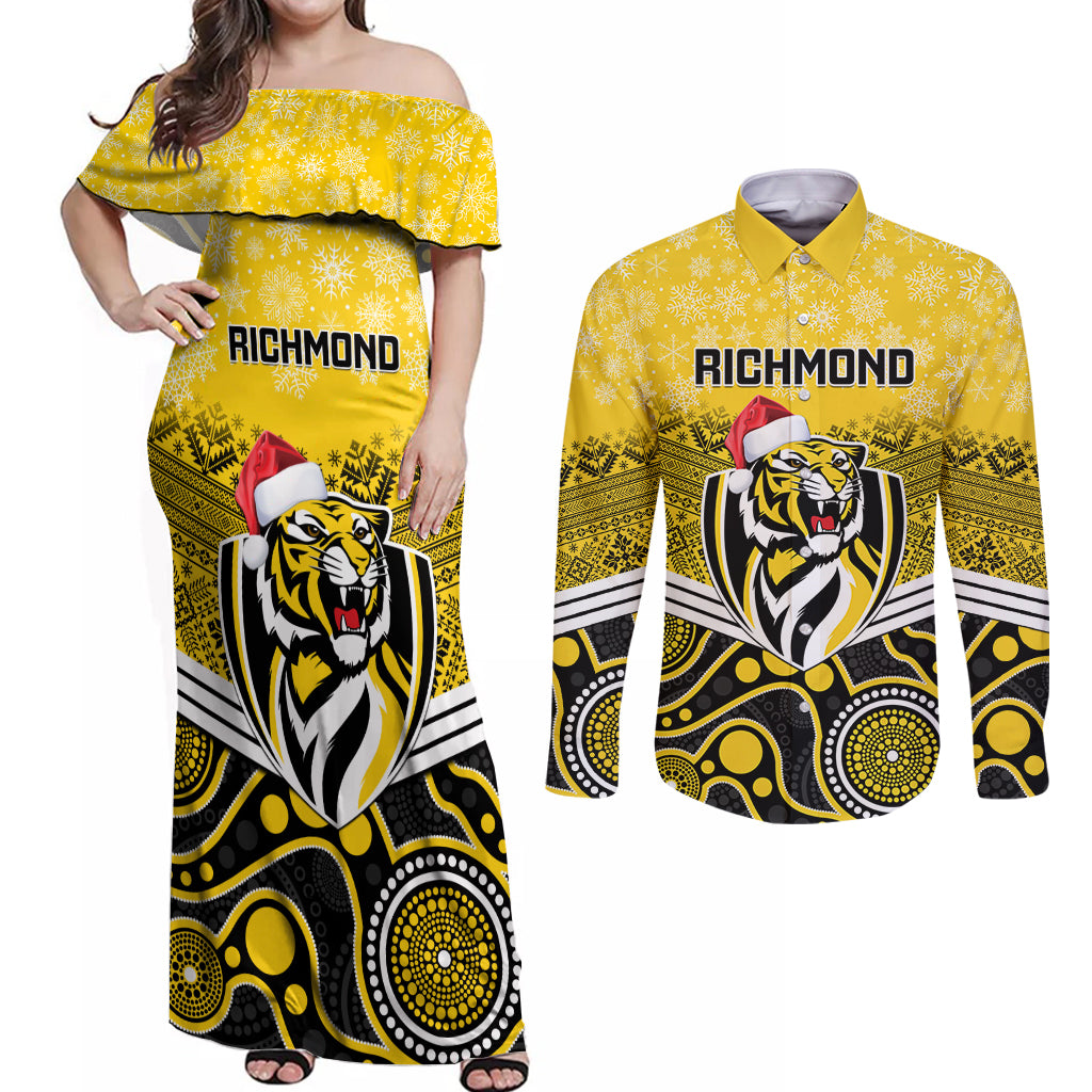 custom-richmond-football-christmas-couples-matching-off-shoulder-maxi-dress-and-long-sleeve-button-shirt-merry-xmas-2023-mix-aboriginal-art