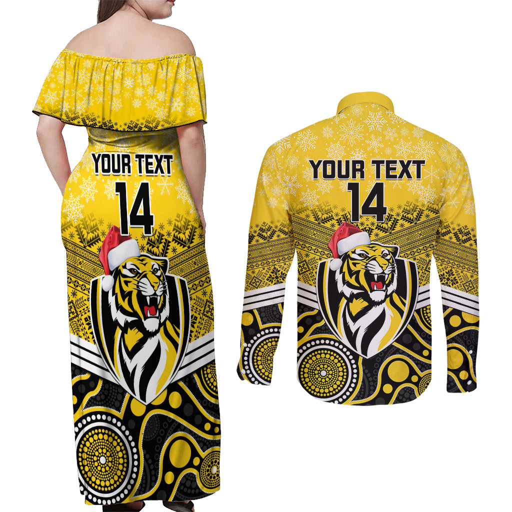 custom-richmond-football-christmas-couples-matching-off-shoulder-maxi-dress-and-long-sleeve-button-shirt-merry-xmas-2023-mix-aboriginal-art
