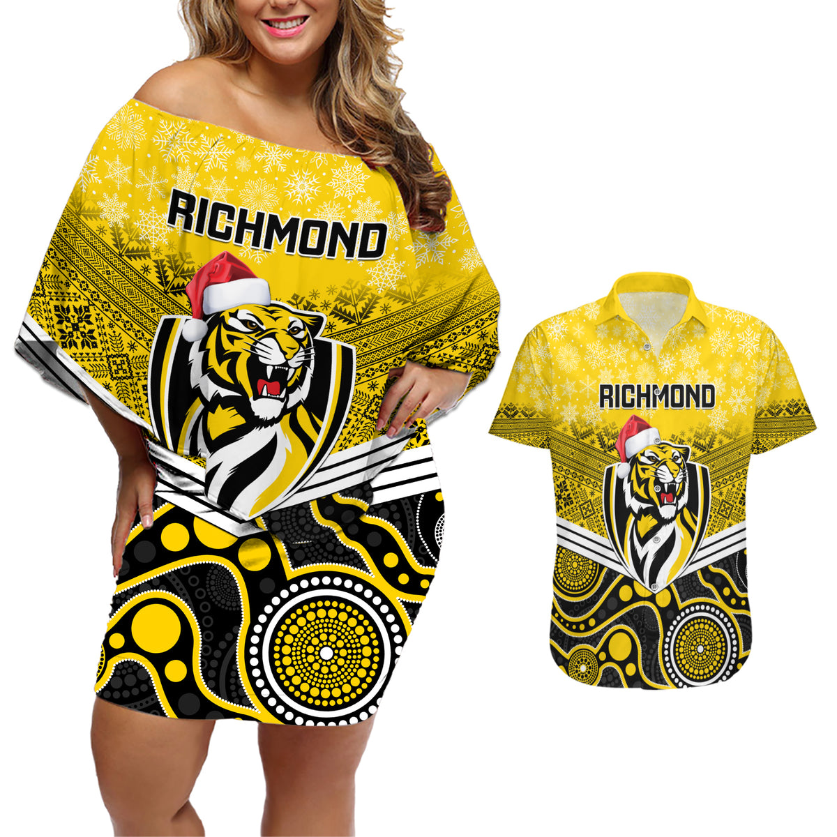 custom-richmond-football-christmas-couples-matching-off-shoulder-short-dress-and-hawaiian-shirt-merry-xmas-2023-mix-aboriginal-art
