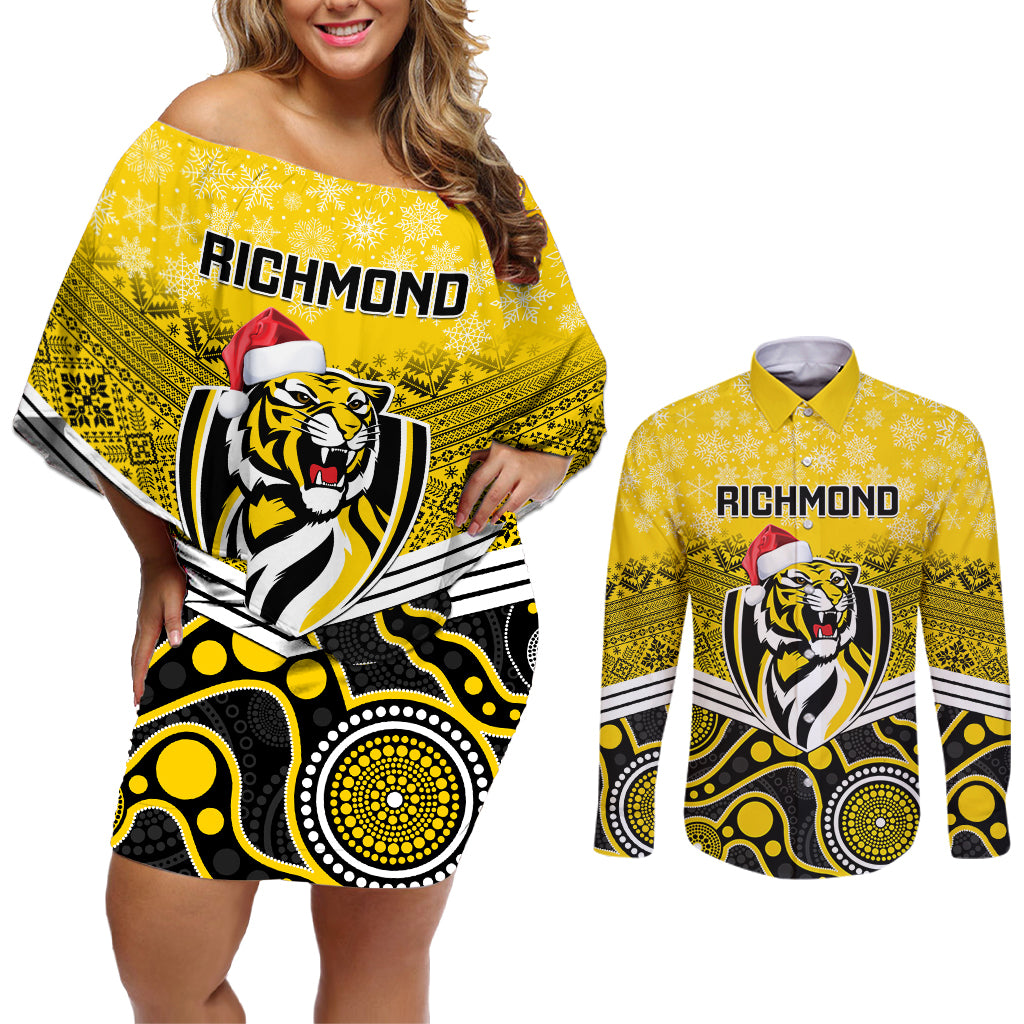 custom-richmond-football-christmas-couples-matching-off-shoulder-short-dress-and-long-sleeve-button-shirt-merry-xmas-2023-mix-aboriginal-art