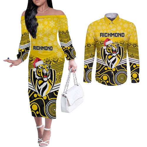 custom-richmond-football-christmas-couples-matching-off-the-shoulder-long-sleeve-dress-and-long-sleeve-button-shirt-merry-xmas-2023-mix-aboriginal-art