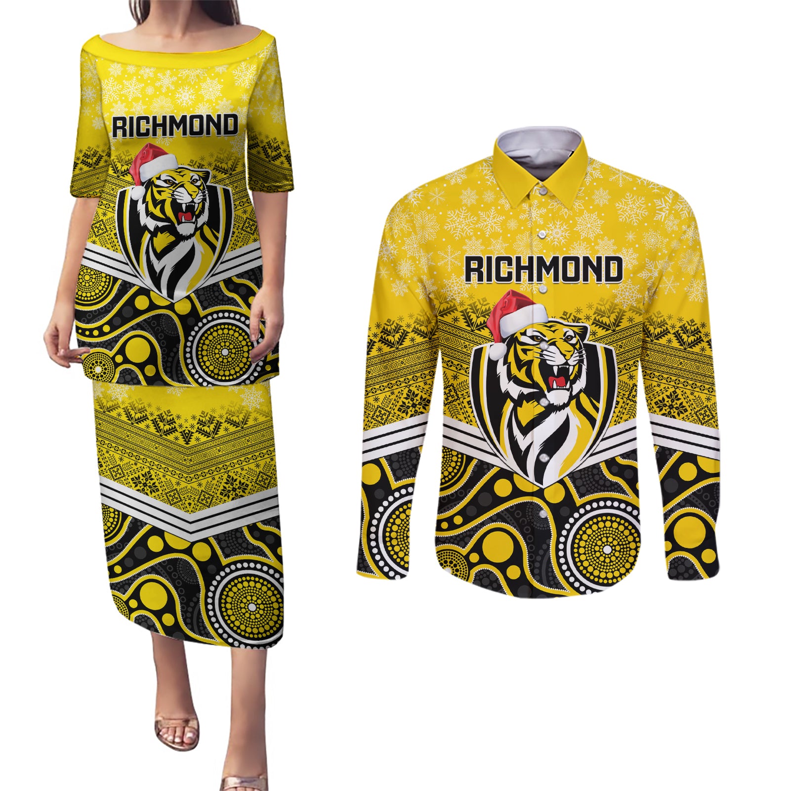 custom-richmond-football-christmas-couples-matching-puletasi-dress-and-long-sleeve-button-shirt-merry-xmas-2023-mix-aboriginal-art