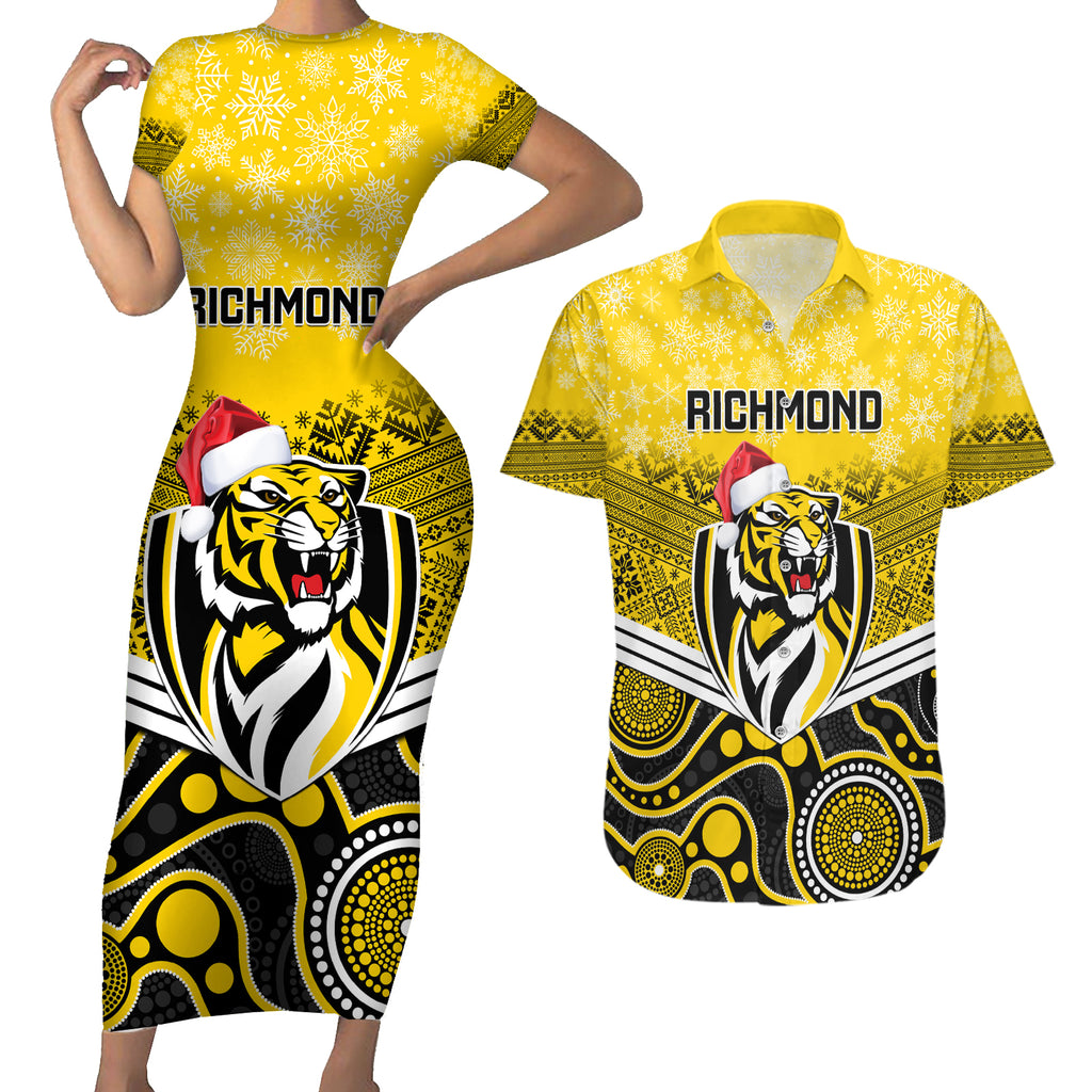 custom-richmond-football-christmas-couples-matching-short-sleeve-bodycon-dress-and-hawaiian-shirt-merry-xmas-2023-mix-aboriginal-art
