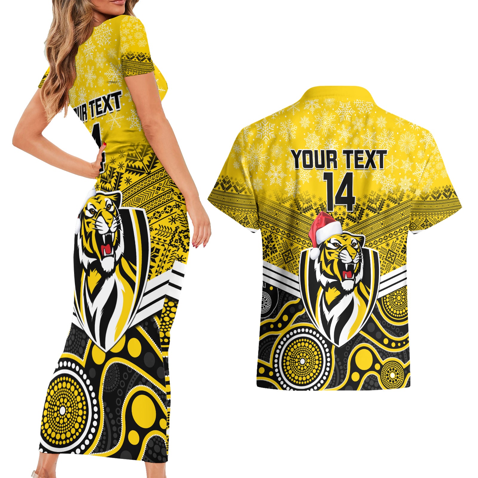 custom-richmond-football-christmas-couples-matching-short-sleeve-bodycon-dress-and-hawaiian-shirt-merry-xmas-2023-mix-aboriginal-art
