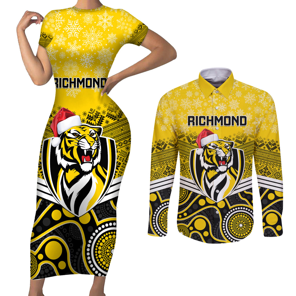 custom-richmond-football-christmas-couples-matching-short-sleeve-bodycon-dress-and-long-sleeve-button-shirt-merry-xmas-2023-mix-aboriginal-art