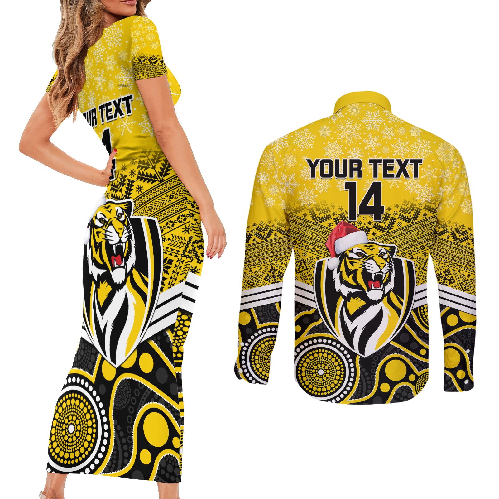 custom-richmond-football-christmas-couples-matching-short-sleeve-bodycon-dress-and-long-sleeve-button-shirt-merry-xmas-2023-mix-aboriginal-art