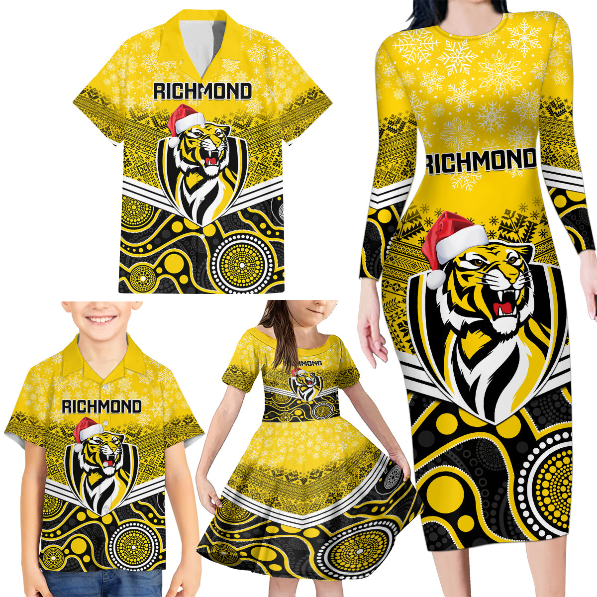 custom-richmond-football-christmas-family-matching-long-sleeve-bodycon-dress-and-hawaiian-shirt-merry-xmas-2023-mix-aboriginal-art