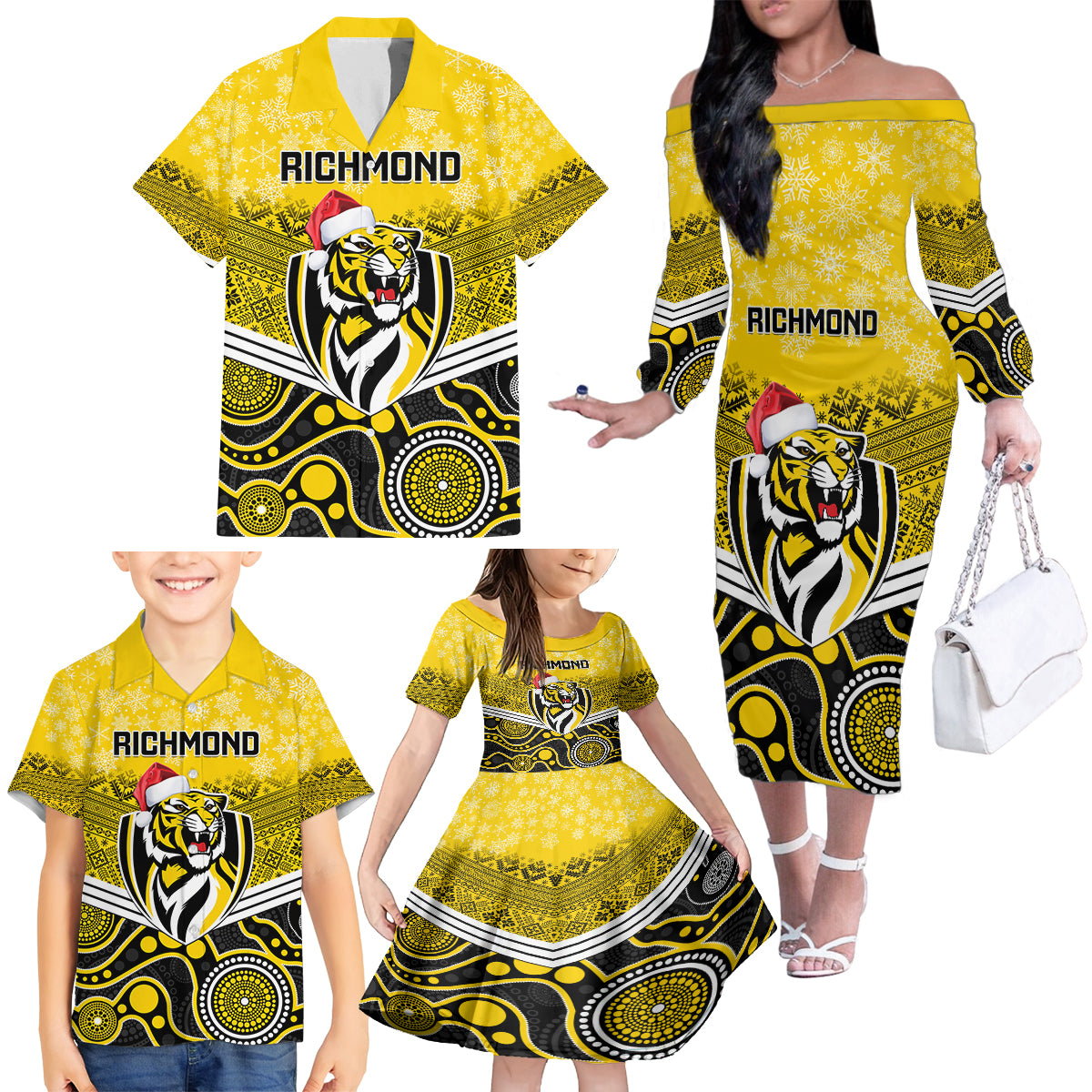 custom-richmond-football-christmas-family-matching-off-shoulder-long-sleeve-dress-and-hawaiian-shirt-merry-xmas-2023-mix-aboriginal-art