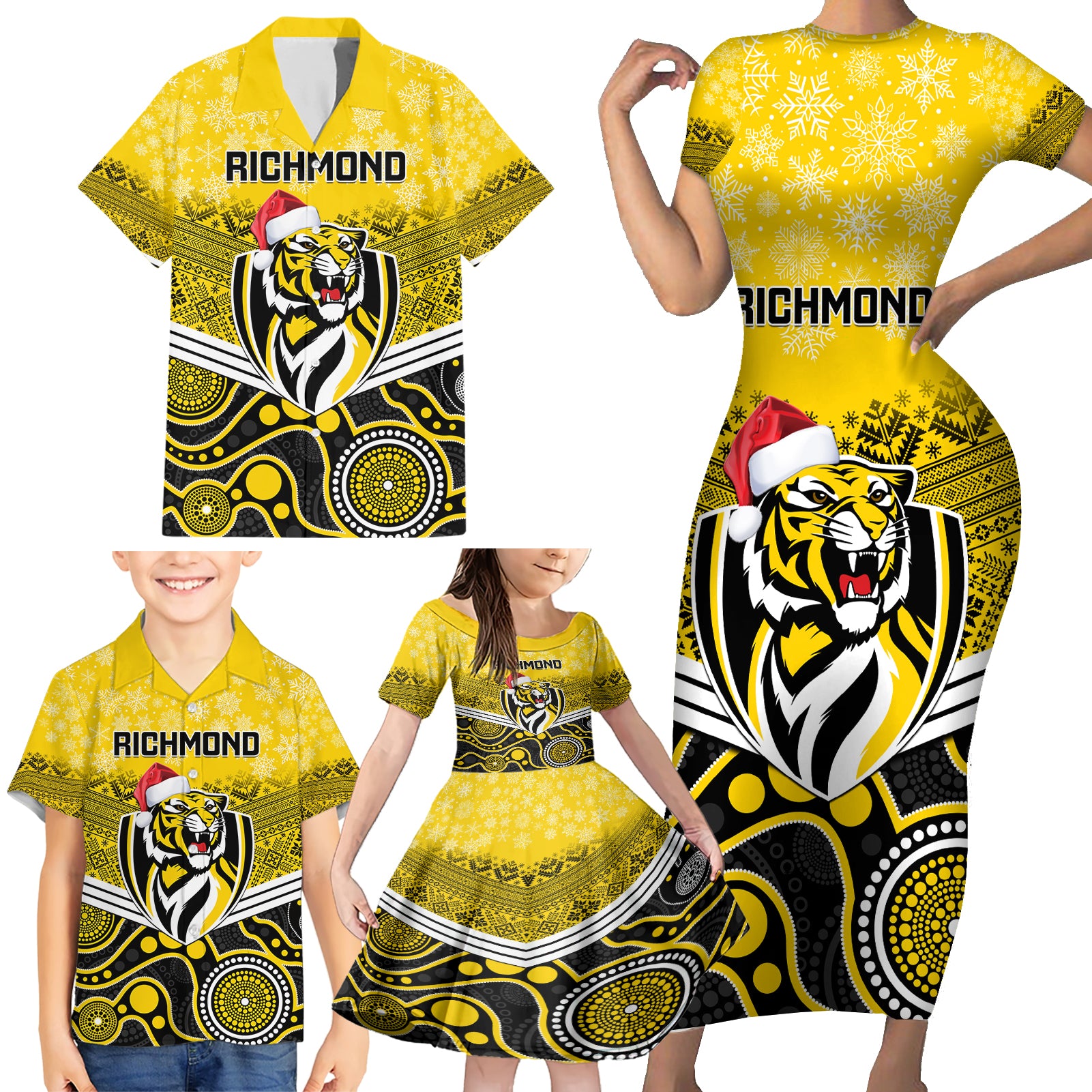 custom-richmond-football-christmas-family-matching-short-sleeve-bodycon-dress-and-hawaiian-shirt-merry-xmas-2023-mix-aboriginal-art