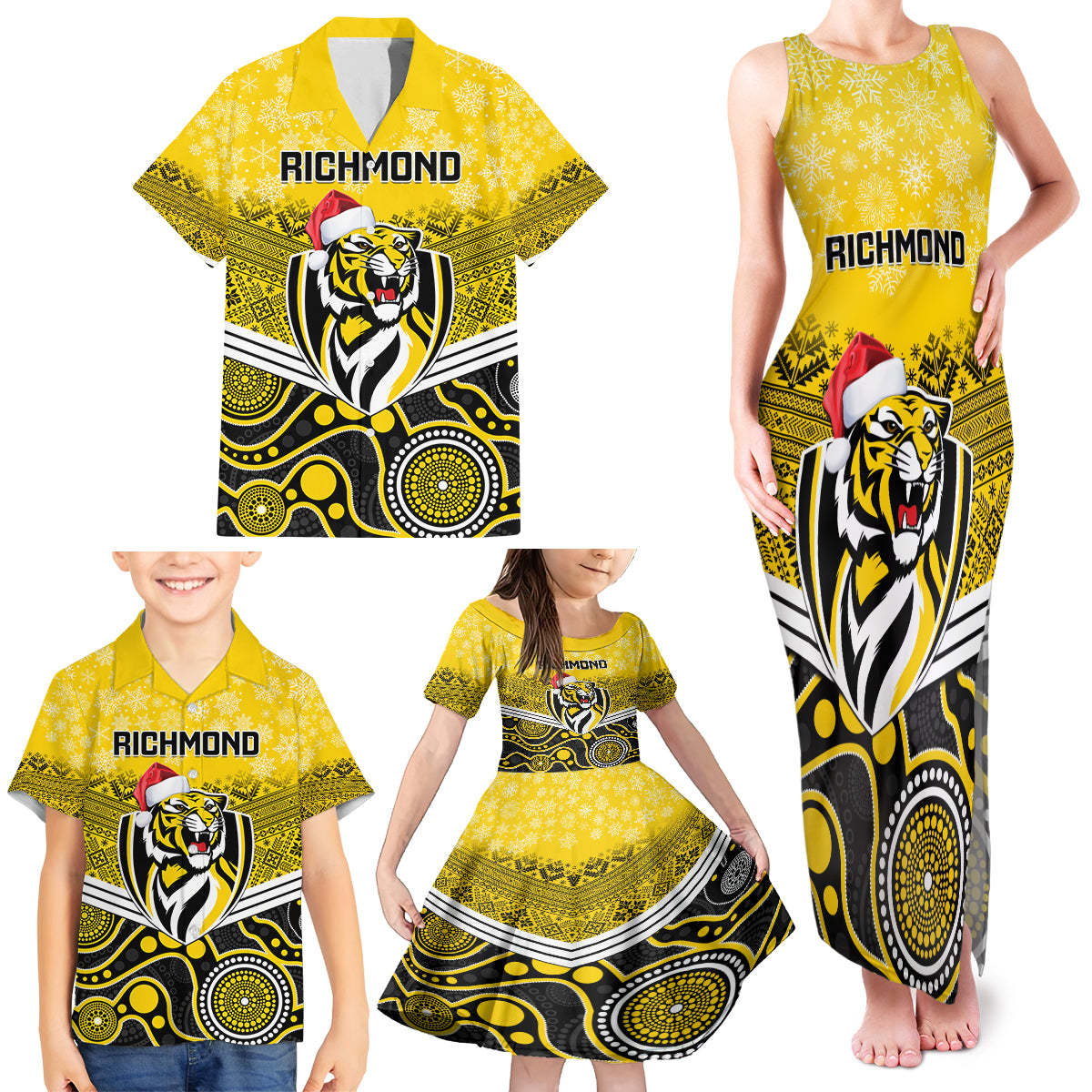 custom-richmond-football-christmas-family-matching-tank-maxi-dress-and-hawaiian-shirt-merry-xmas-2023-mix-aboriginal-art