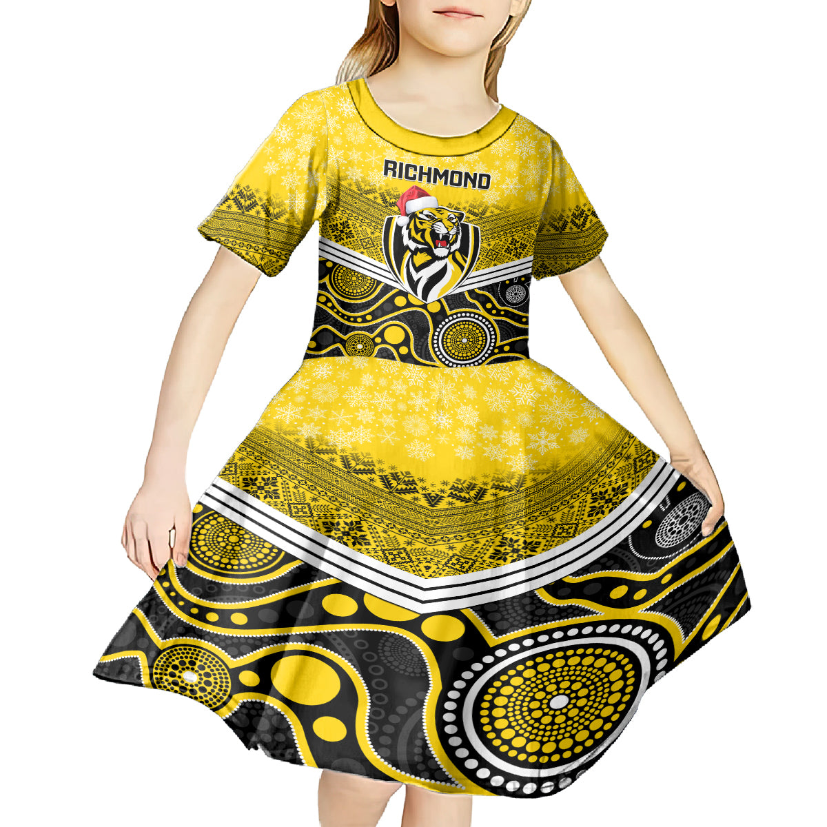 custom-richmond-football-christmas-kid-short-sleeve-dress-merry-xmas-2023-mix-aboriginal-art