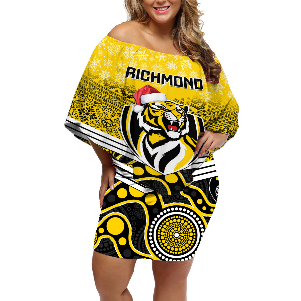 custom-richmond-football-christmas-off-shoulder-short-dress-merry-xmas-2023-mix-aboriginal-art