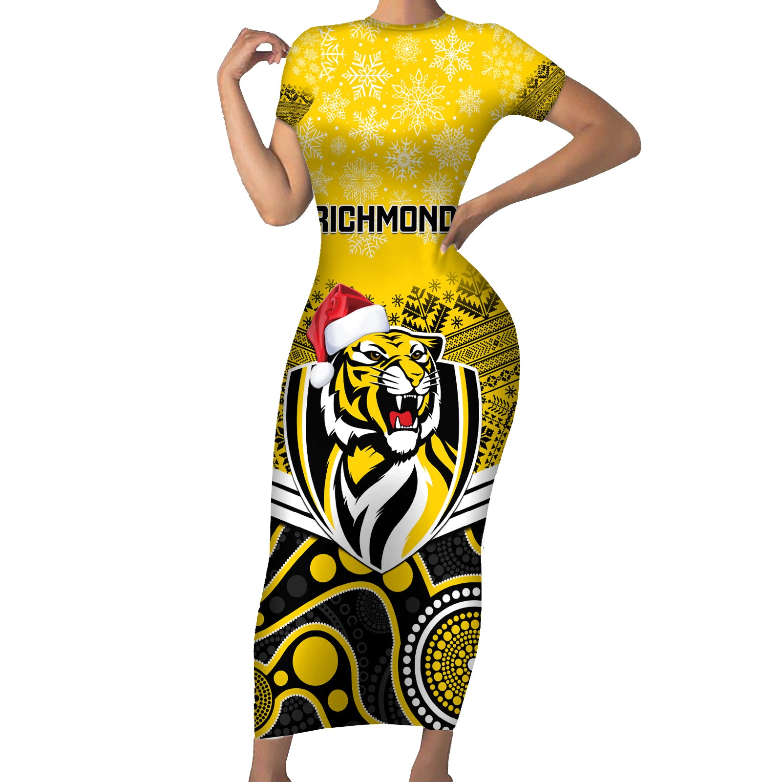 custom-richmond-football-christmas-short-sleeve-bodycon-dress-merry-xmas-2023-mix-aboriginal-art