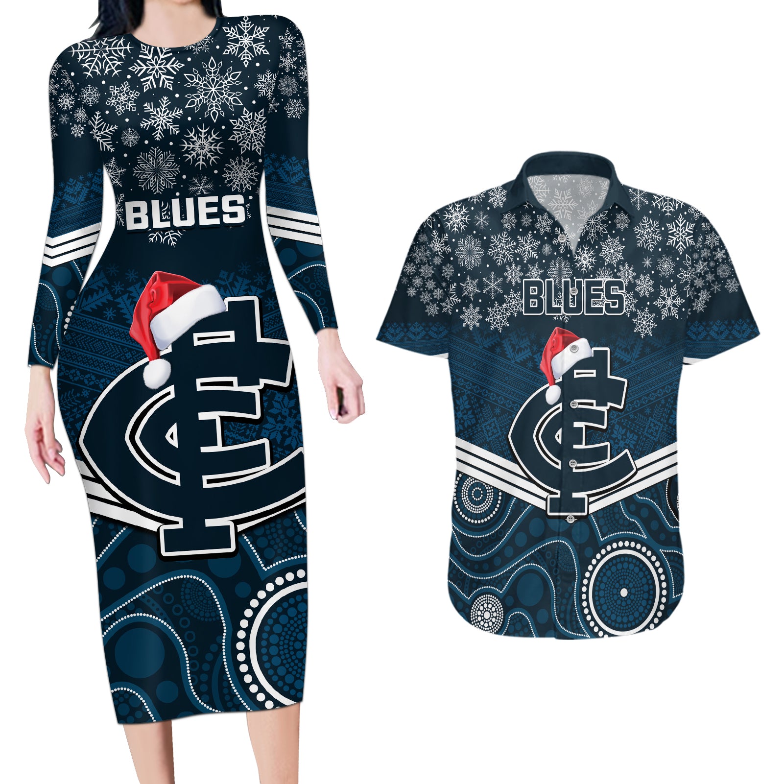 custom-blues-football-christmas-couples-matching-long-sleeve-bodycon-dress-and-hawaiian-shirt-merry-xmas-2023-mix-aboriginal-art