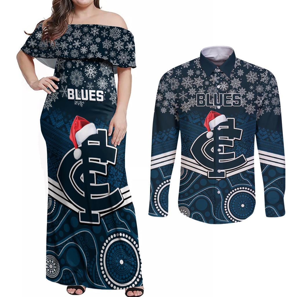 custom-blues-football-christmas-couples-matching-off-shoulder-maxi-dress-and-long-sleeve-button-shirt-merry-xmas-2023-mix-aboriginal-art