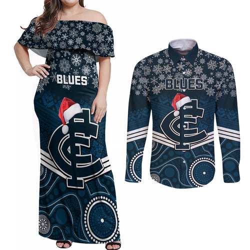 custom-blues-football-christmas-couples-matching-off-shoulder-maxi-dress-and-long-sleeve-button-shirt-merry-xmas-2023-mix-aboriginal-art