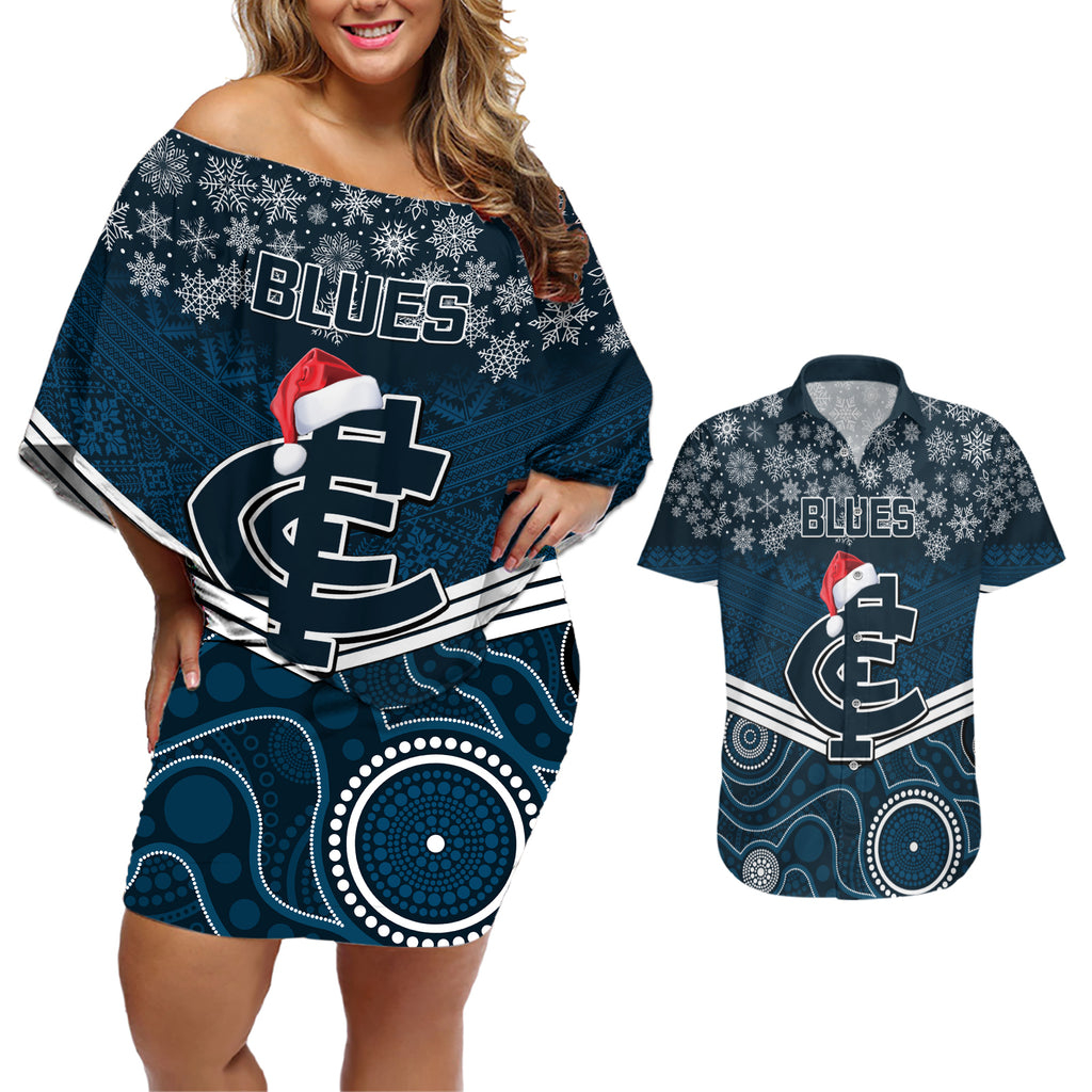 custom-blues-football-christmas-couples-matching-off-shoulder-short-dress-and-hawaiian-shirt-merry-xmas-2023-mix-aboriginal-art