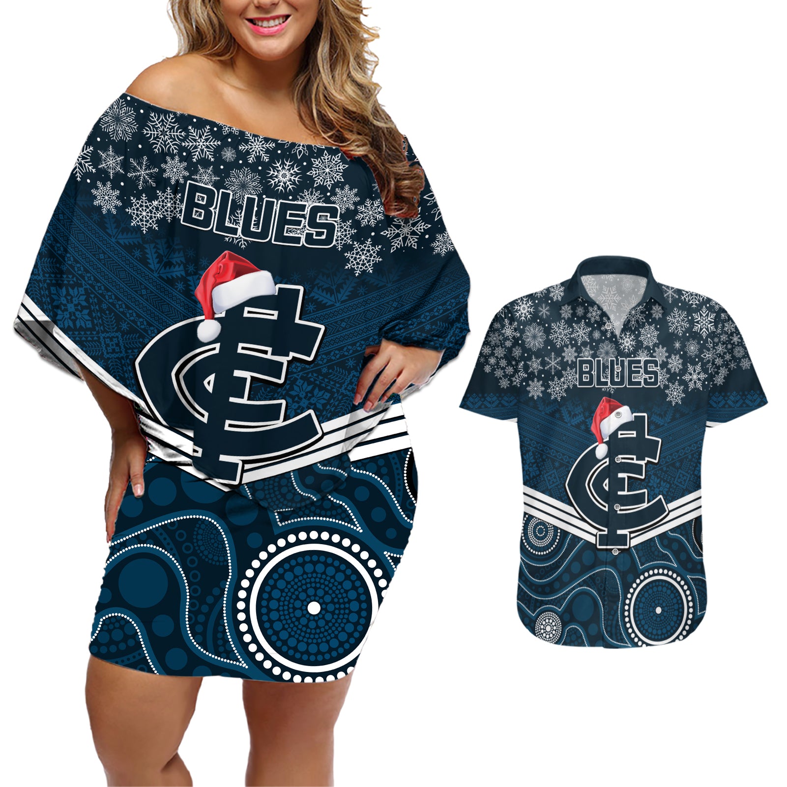 custom-blues-football-christmas-couples-matching-off-shoulder-short-dress-and-hawaiian-shirt-merry-xmas-2023-mix-aboriginal-art