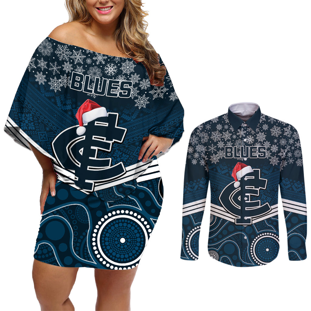 custom-blues-football-christmas-couples-matching-off-shoulder-short-dress-and-long-sleeve-button-shirt-merry-xmas-2023-mix-aboriginal-art