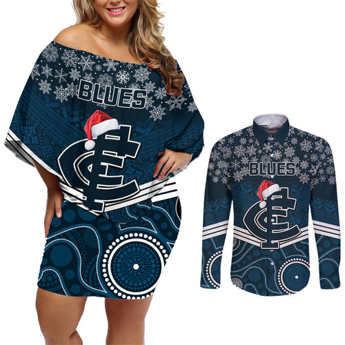 custom-blues-football-christmas-couples-matching-off-shoulder-short-dress-and-long-sleeve-button-shirt-merry-xmas-2023-mix-aboriginal-art