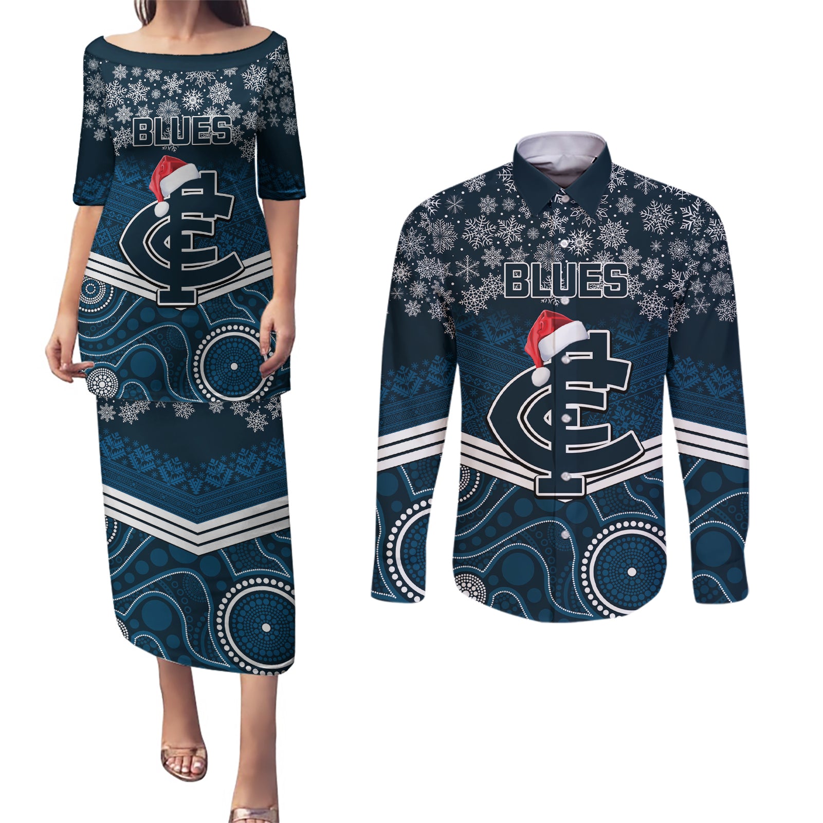 custom-blues-football-christmas-couples-matching-puletasi-dress-and-long-sleeve-button-shirt-merry-xmas-2023-mix-aboriginal-art
