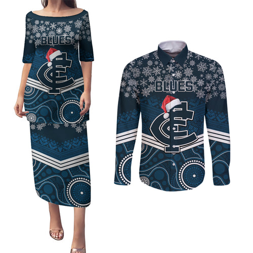 custom-blues-football-christmas-couples-matching-puletasi-dress-and-long-sleeve-button-shirt-merry-xmas-2023-mix-aboriginal-art