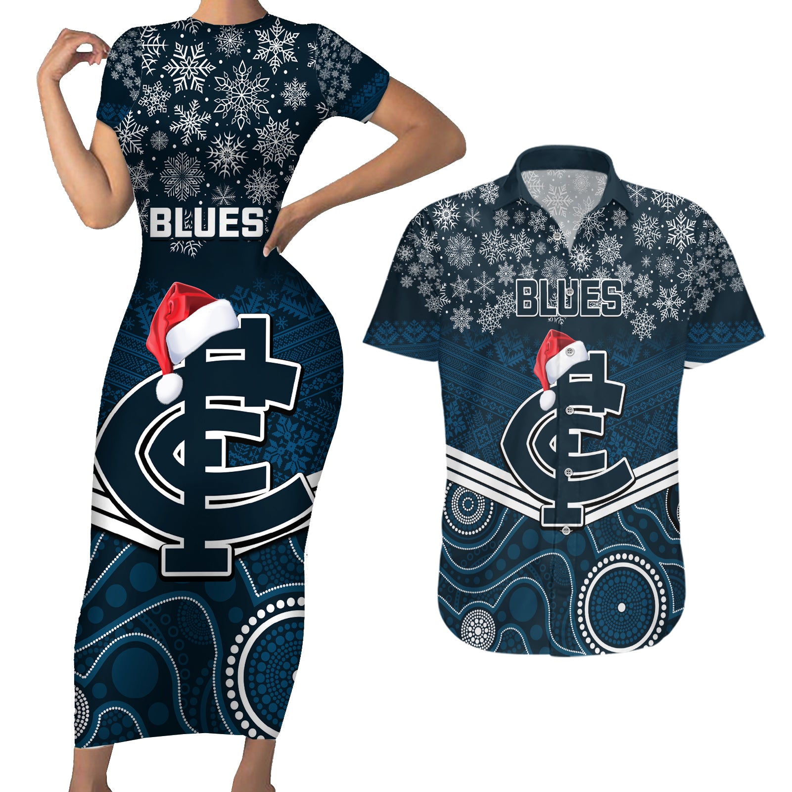 custom-blues-football-christmas-couples-matching-short-sleeve-bodycon-dress-and-hawaiian-shirt-merry-xmas-2023-mix-aboriginal-art