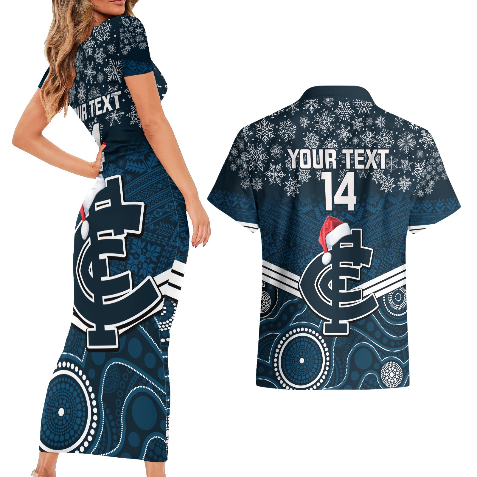 custom-blues-football-christmas-couples-matching-short-sleeve-bodycon-dress-and-hawaiian-shirt-merry-xmas-2023-mix-aboriginal-art