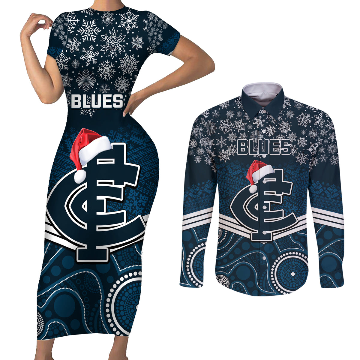 custom-blues-football-christmas-couples-matching-short-sleeve-bodycon-dress-and-long-sleeve-button-shirt-merry-xmas-2023-mix-aboriginal-art