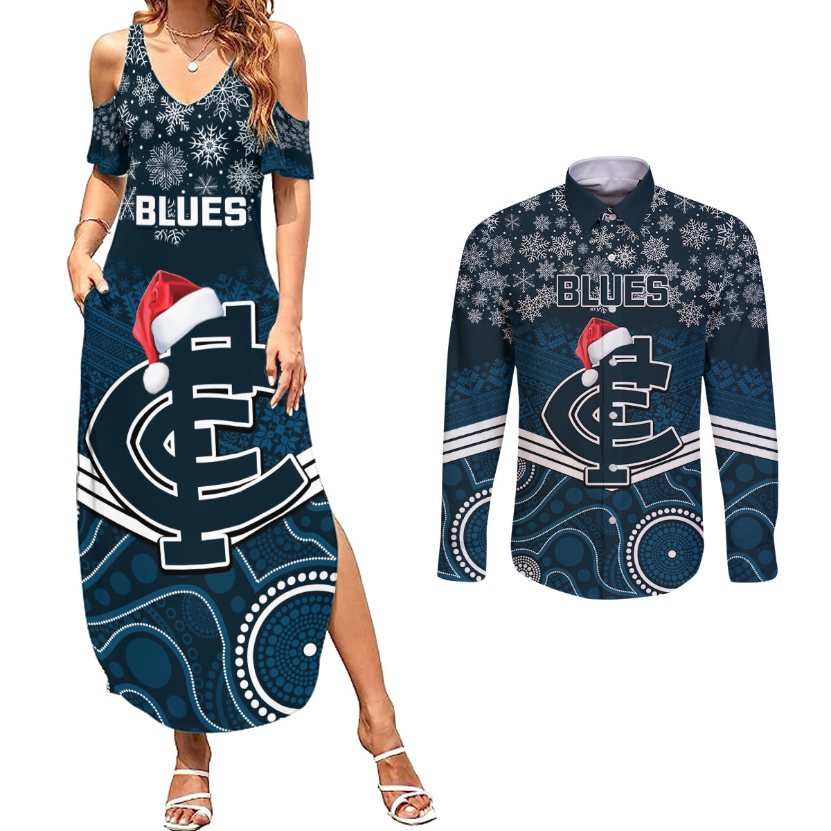 custom-blues-football-christmas-couples-matching-summer-maxi-dress-and-long-sleeve-button-shirt-merry-xmas-2023-mix-aboriginal-art